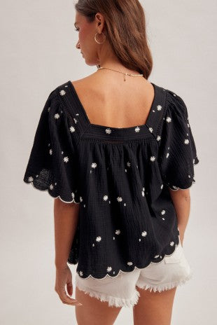 Daisy Embroidered Cotton Squared Neck Black Top