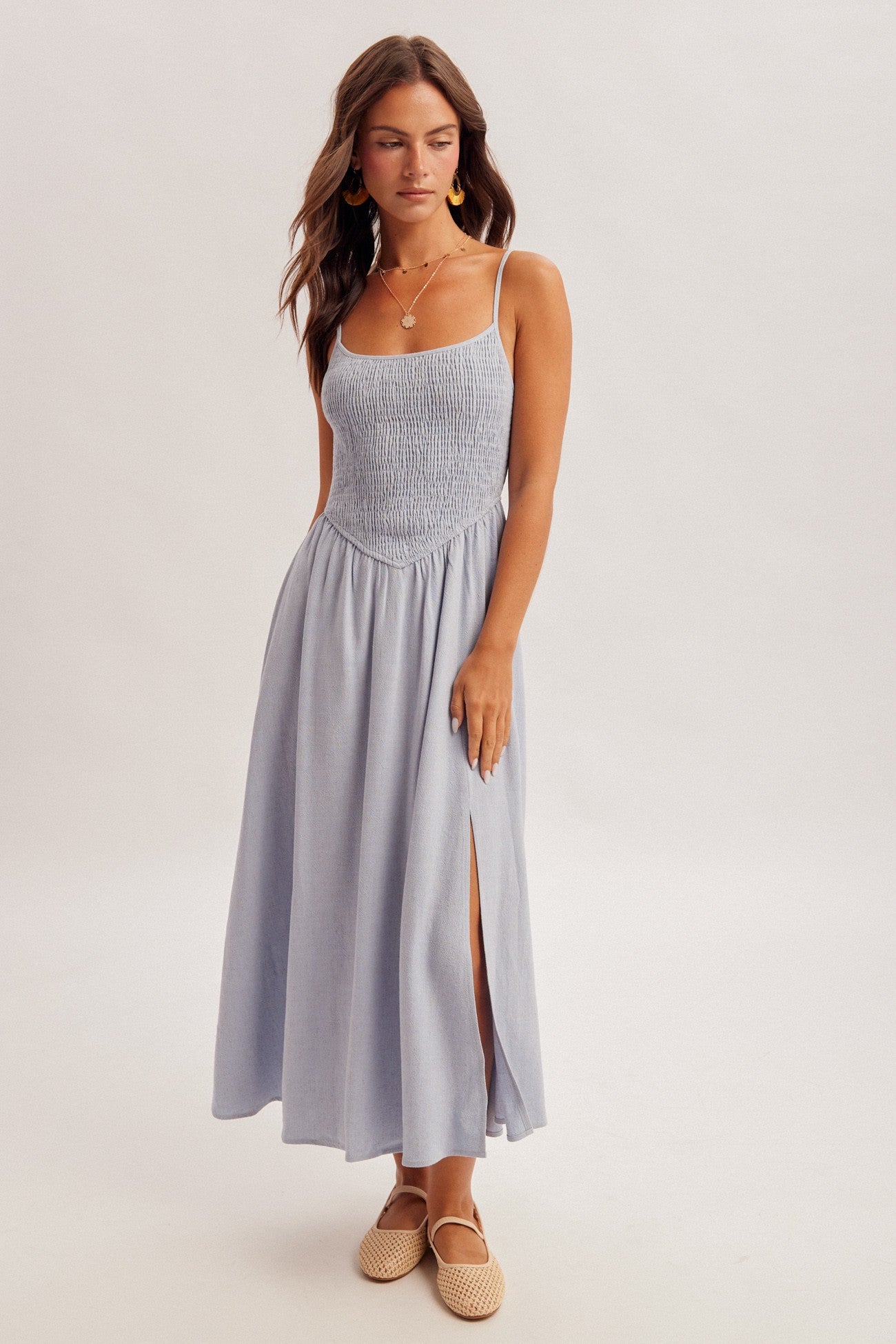 Roize Corset Smocked Midi Dress With Slit 3 Colors