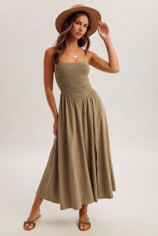 Roize Corset Smocked Midi Dress With Slit 3 Colors