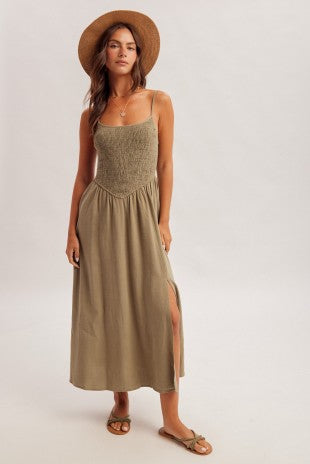 Roize Corset Smocked Midi Dress With Slit 3 Colors Large / Light Blue