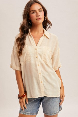 Allison Striped Collared V Neck Relaxed Button Down Shirt 2 Colors