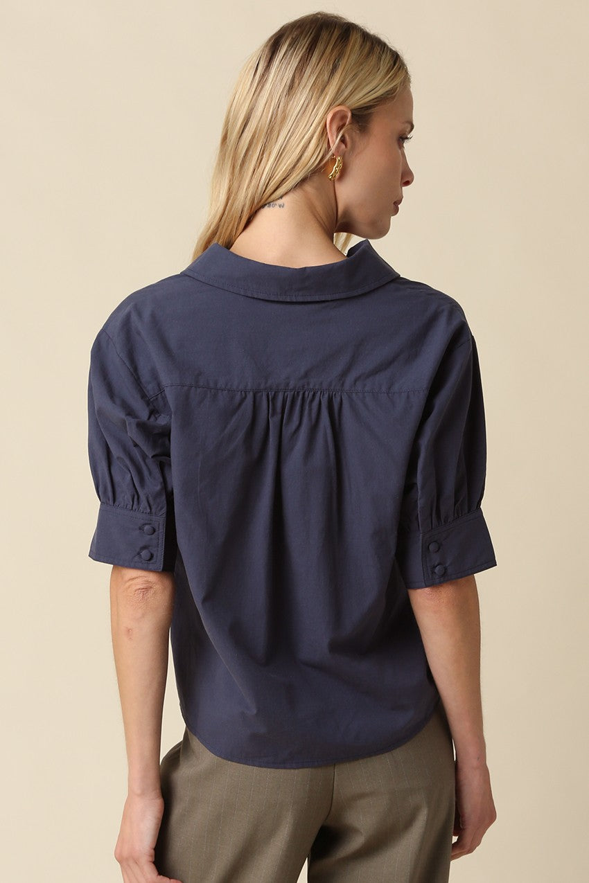 Jenn Puff Sleeve Cotton Blouse Navy