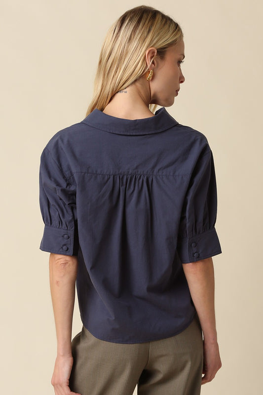 Jenn Puff Sleeve Cotton Blouse Navy