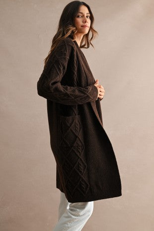 Longline Cable Textured Knit Shawl Collar Espresso Brown Open Cardigan