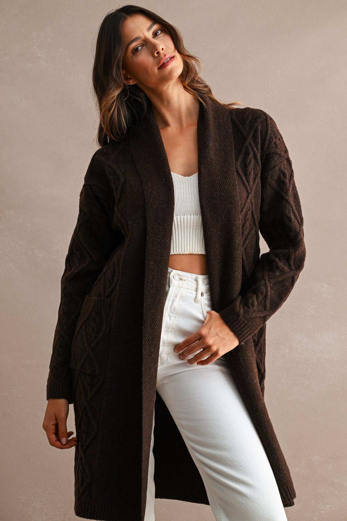 Longline Cable Textured Knit Shawl Collar Espresso Brown Open Cardigan