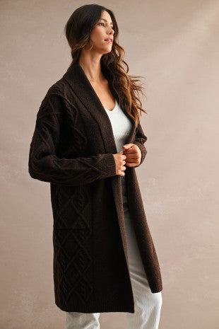 Longline Cable Textured Knit Shawl Collar Espresso Brown Open Cardigan