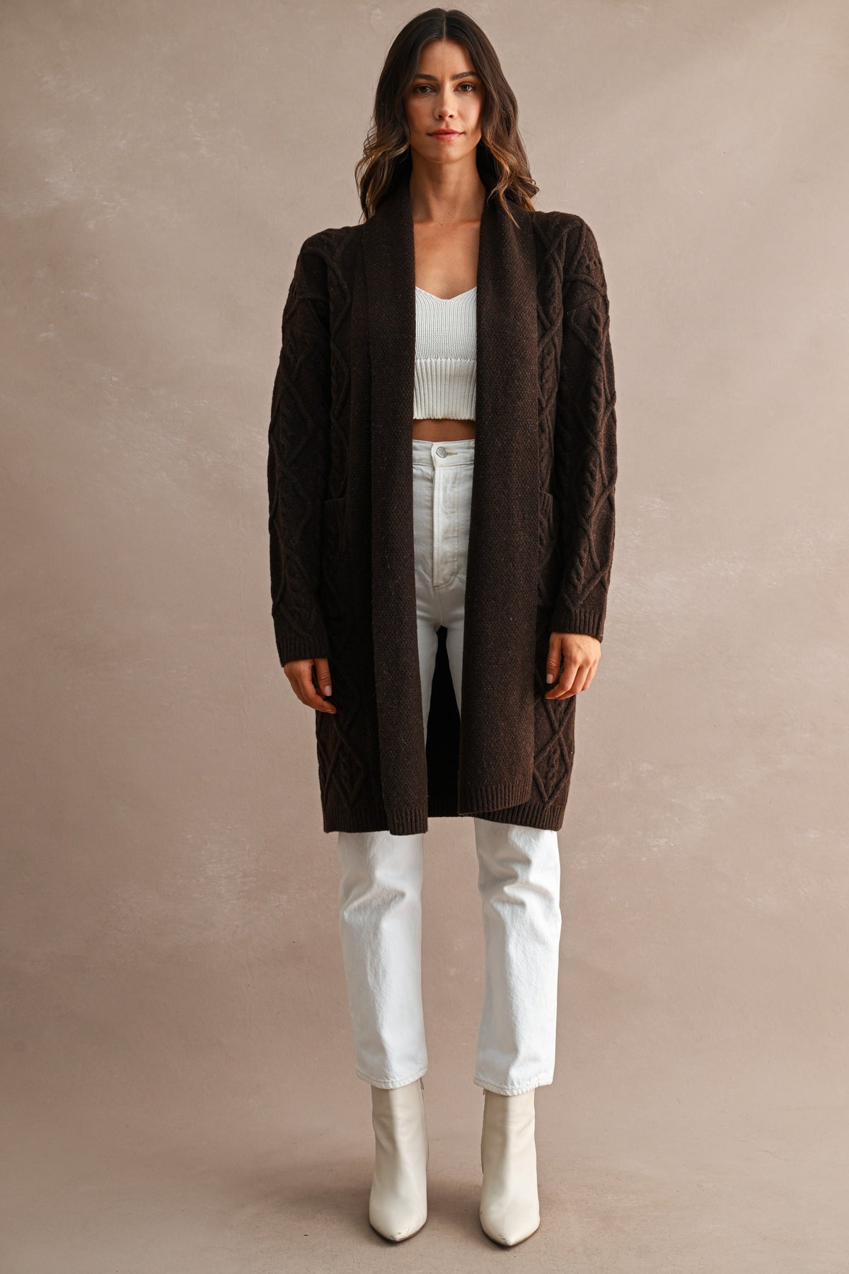Longline Cable Textured Knit Shawl Collar Espresso Brown Open Cardigan
