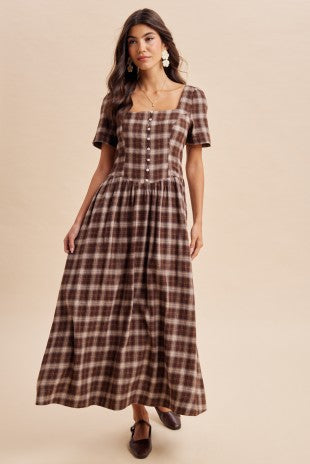 Drop Waist Square Neckline Plaid Cotton Dress