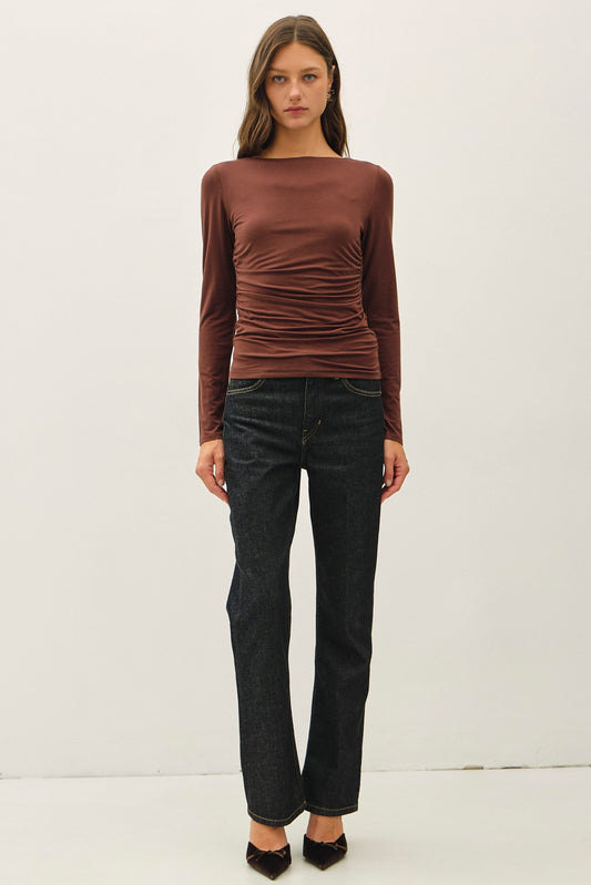 Ruched Double Layered Long Sleeve Top Espresso Brown