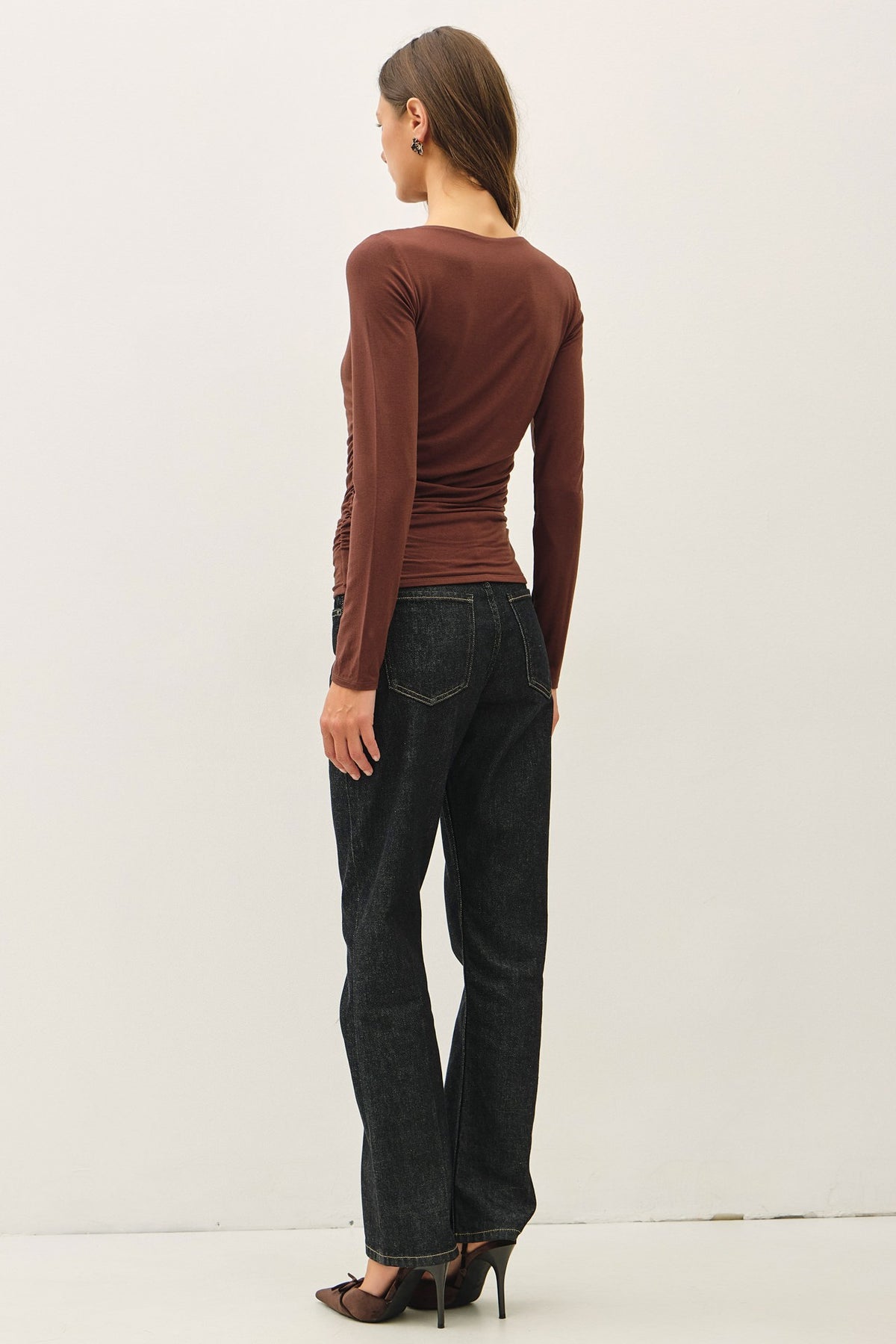 Ruched Double Layered Long Sleeve Top Espresso Brown