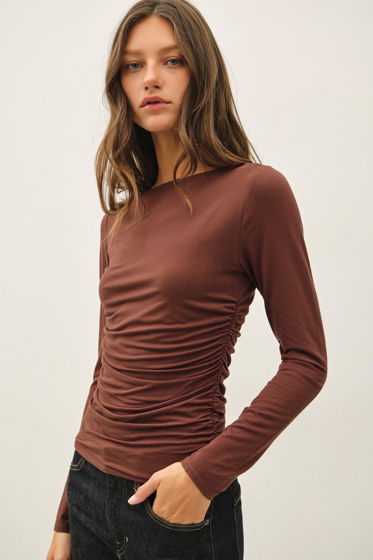 Ruched Double Layered Long Sleeve Top Espresso Brown