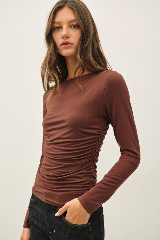 Ruched Double Layered Long Sleeve Top Espresso Brown