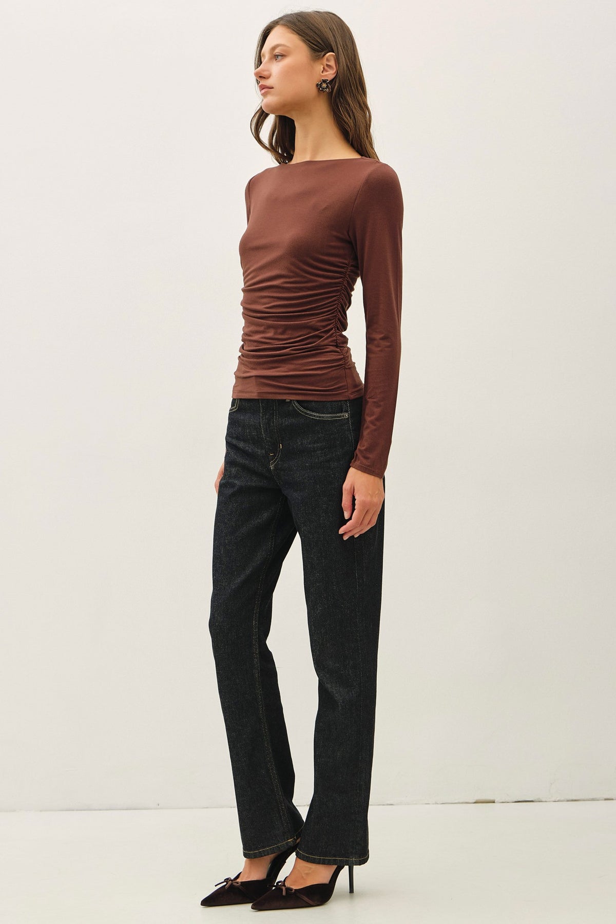 Ruched Double Layered Long Sleeve Top Espresso Brown