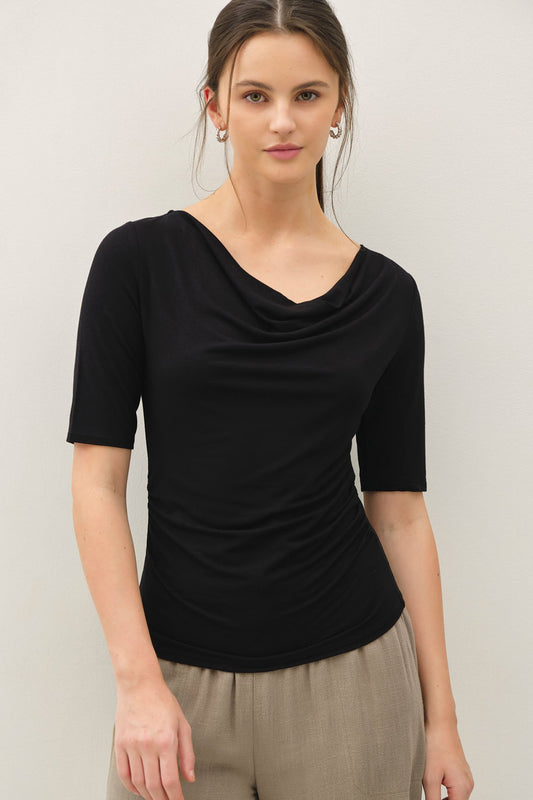 Soft Cowl Neck Short Sleeve Top Black