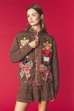 Nutcracker Bear Dark Brown Quilted Jacket S-XL