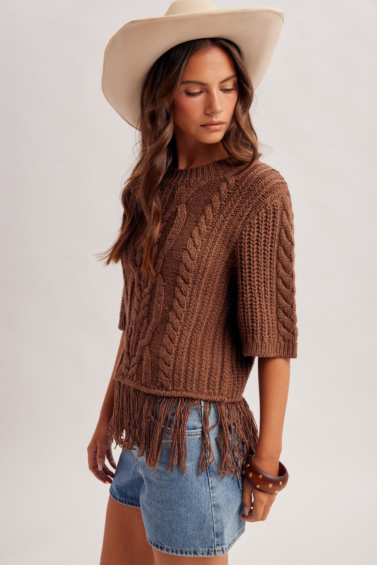 Cable Knit Fringe Hem Crew Neck Brown Sweater