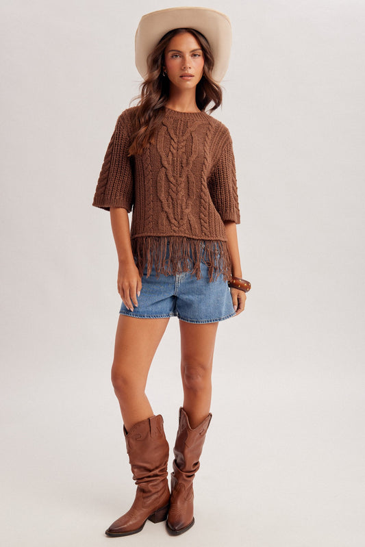 Cable Knit Fringe Hem Crew Neck Brown Sweater