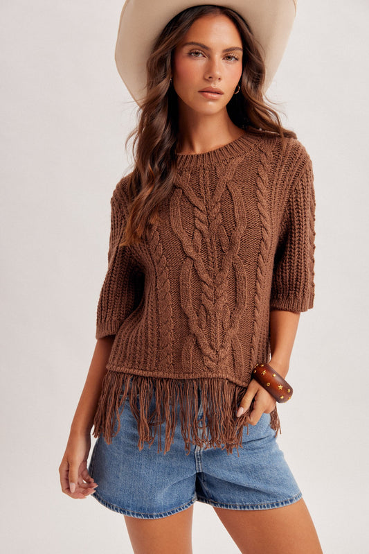 Cable Knit Fringe Hem Crew Neck Brown Sweater