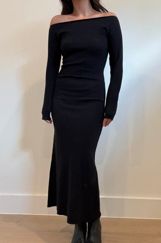 Off The Shoulder Knit Long Sleeves Maxi Dress Black
