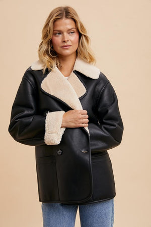 VEGAN FAUX LEATHER SHEARLING COAT