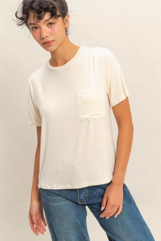 Classic Crew Neck Short Sleeve Pocket Top Cream
