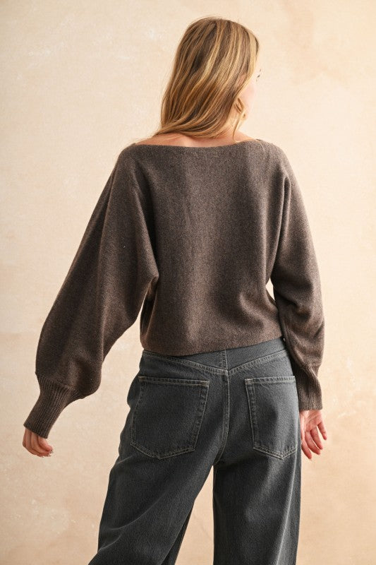 Boat Neck Cashmere Mix Sweater Brown
