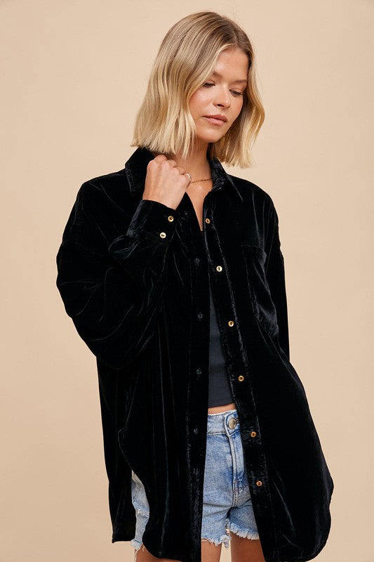 VELVET LONG SLEEVE BUTTON DOWN OVERSIZED JACKET