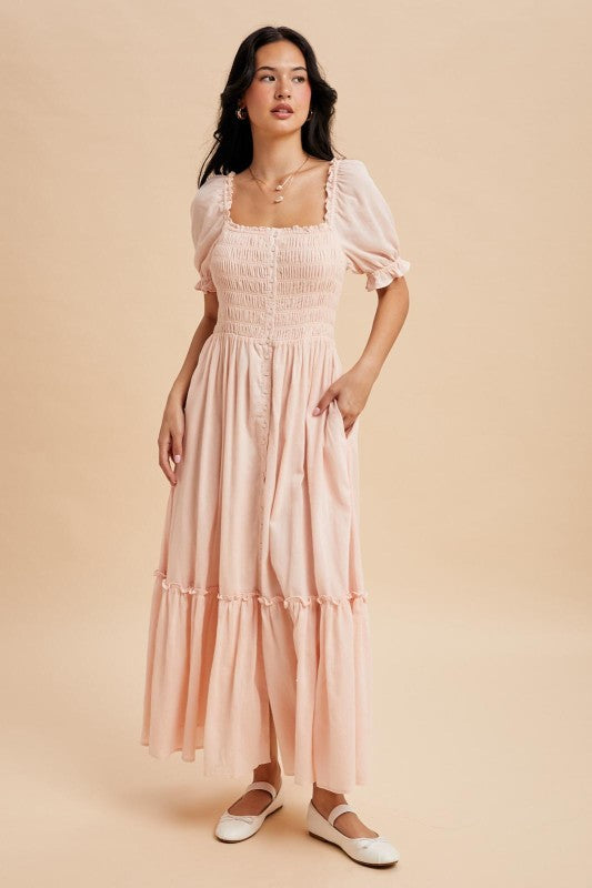 Karen Smocked Button Down Pastel Pink Maxi Dress