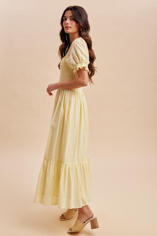 Telesia Smocked Eyelet Lace Yellow Maxi Dress