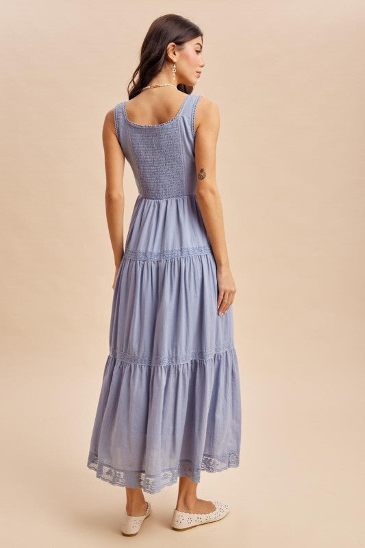 Kass Corset Lace up Romantic Cotton Sleeveless Maxi Dress Blue