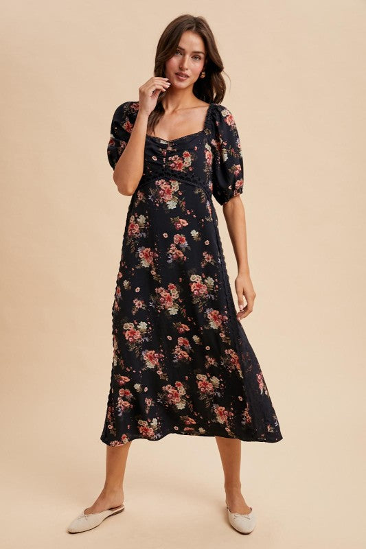 Floral Sweetheart Lace Puff SLEEVE SMOCKED MIDI  Dress