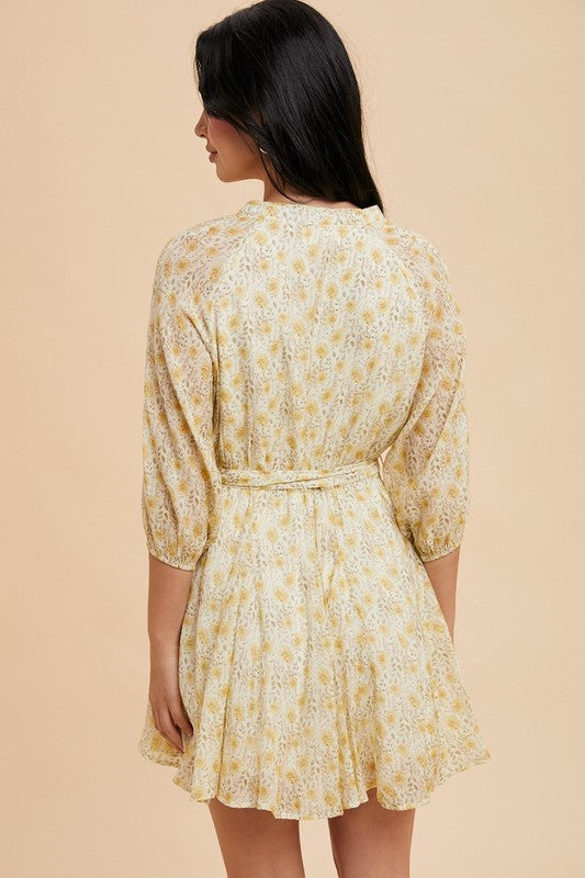 FLORAL FLARE SKIRT BUTTON DRESS Butter Yellow