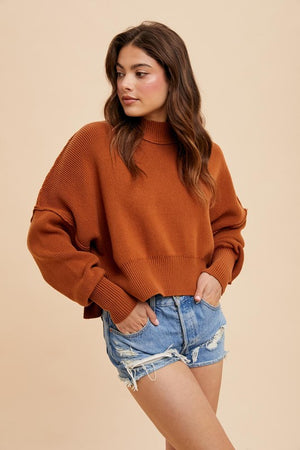 KNITTED MOCKNECK OVERSIZED SLIGHT CROPPED SLOUCHY FIT PULLOVER SWEATER