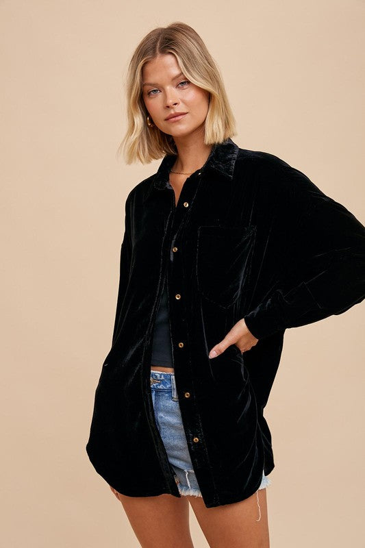 VELVET LONG SLEEVE BUTTON DOWN OVERSIZED JACKET