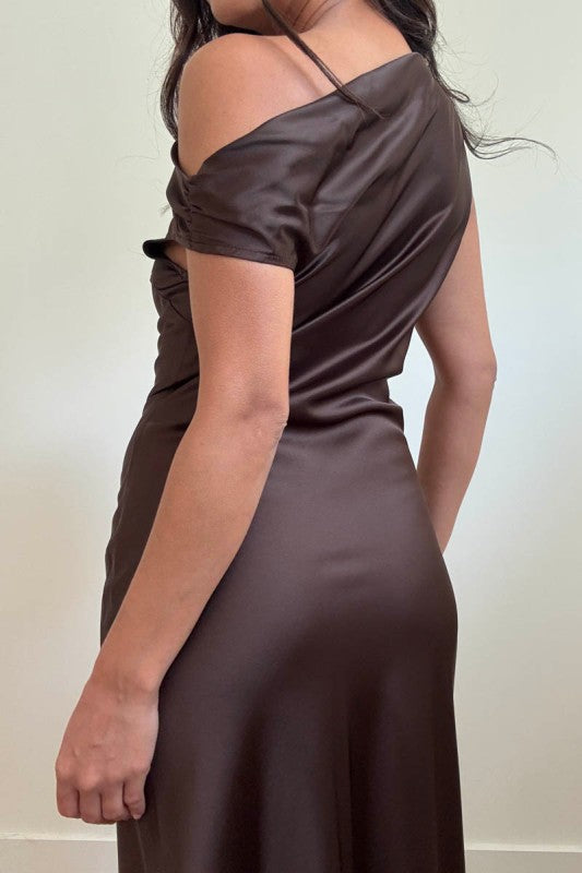 One Shoulder Front Slit Maxi Dress Espresso Brown