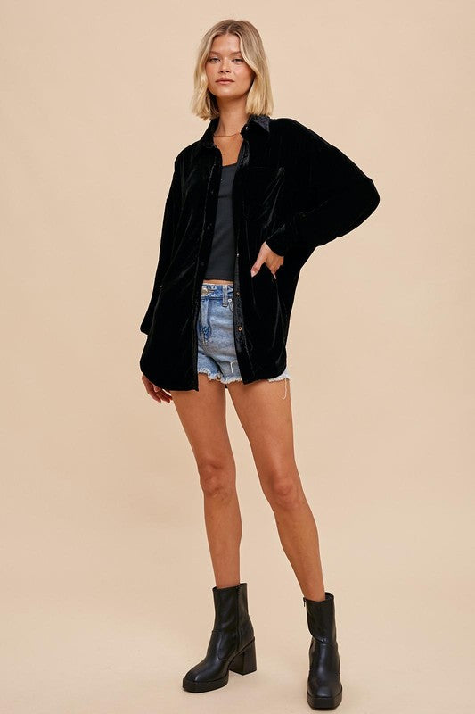 VELVET LONG SLEEVE BUTTON DOWN OVERSIZED JACKET