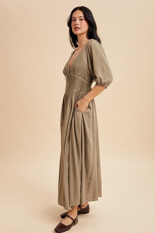 Annabeth Crochet Lace Bodice Olive Fern Maxi Dress