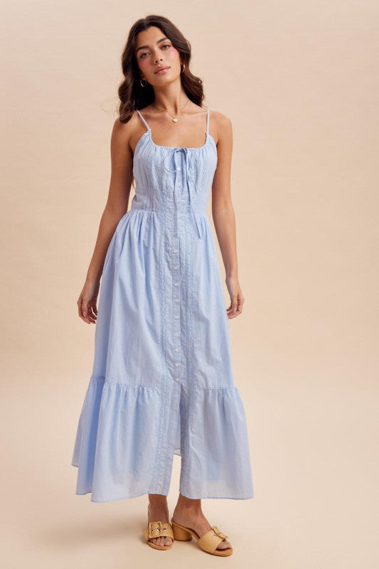 Susan Gathered Cotton Button Down Blue Maxi Dress