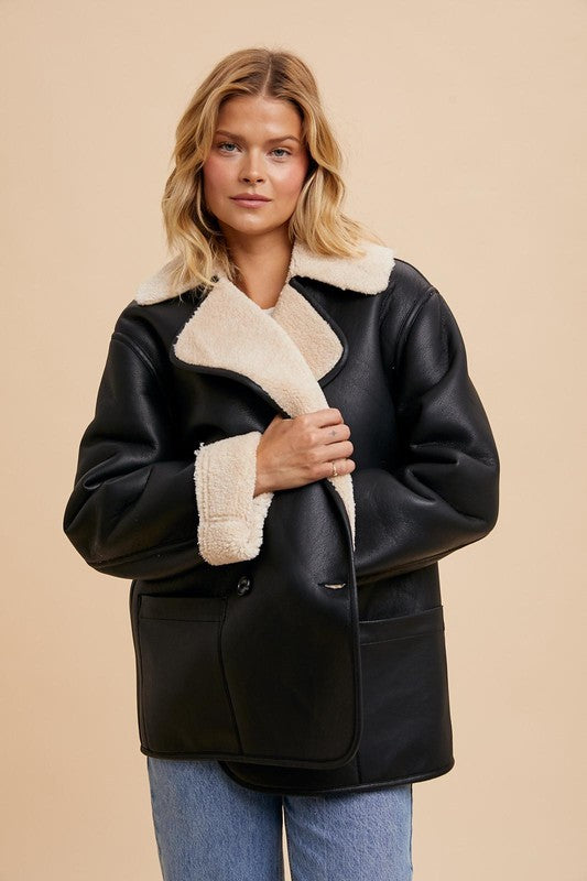 VEGAN FAUX LEATHER SHEARLING COAT