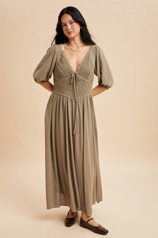 Annabeth Crochet Lace Bodice Olive Fern Maxi Dress