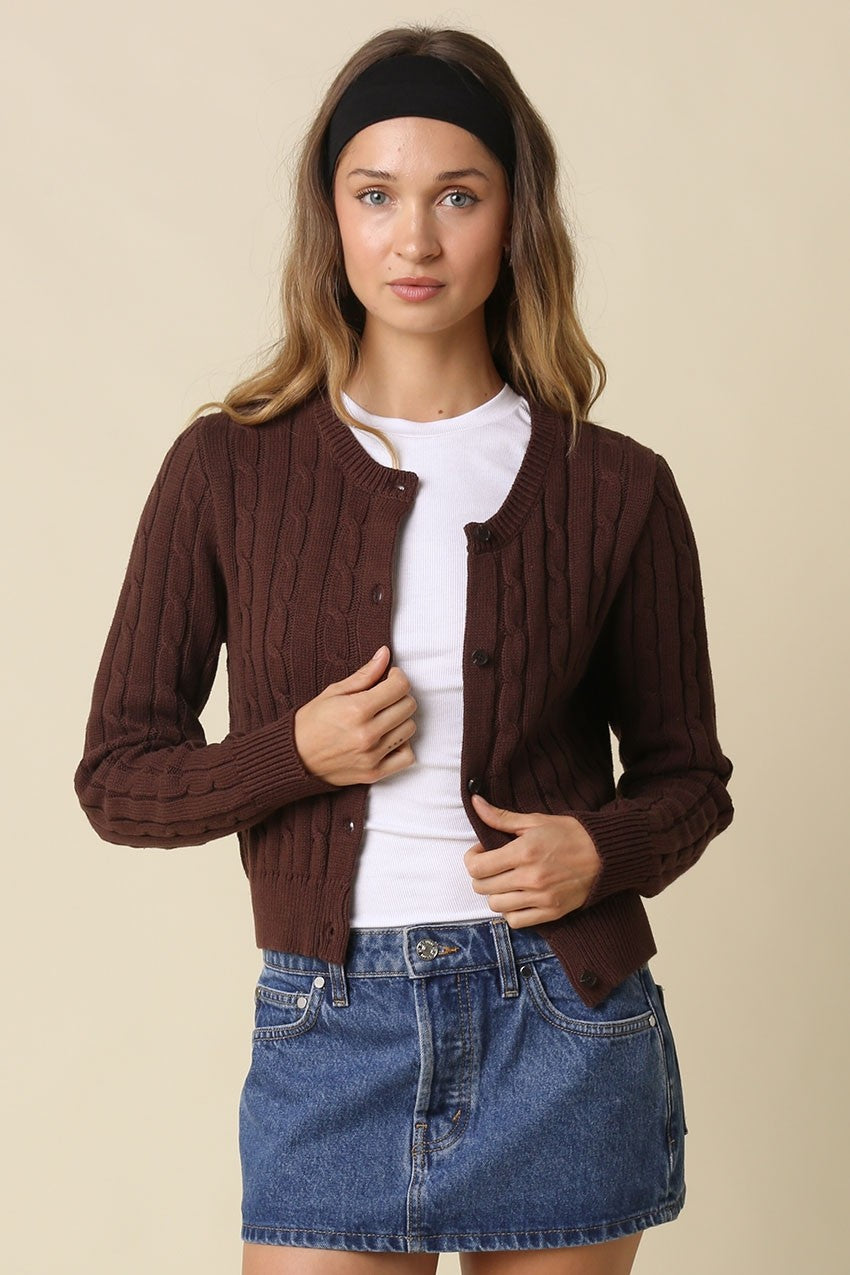 Cindy Cotton Cable Knit Brown Cardigan
