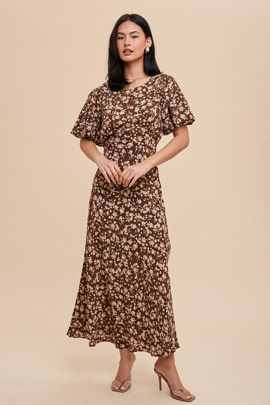 PUFF SLEEVE BIAS CUT  BROWN FLORAL DRESS