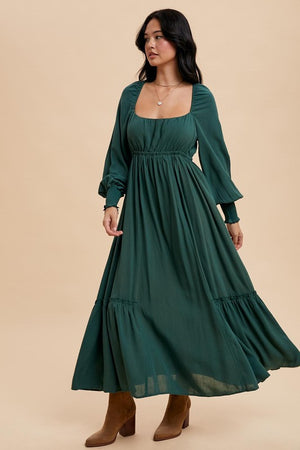 GATHERED LONG SLEEVE SQUARE NECK MAXI DRESS