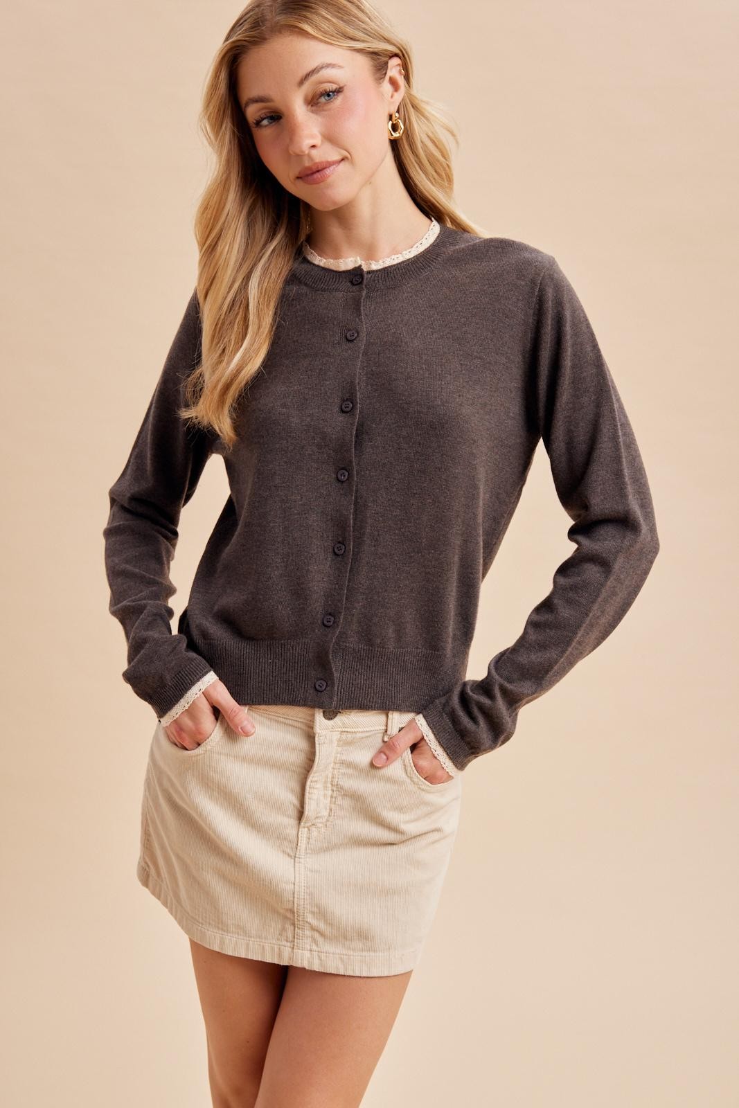 Fine Knit Lace Espresso Brown Cardigan