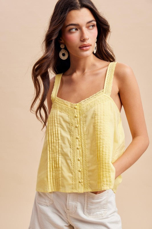 Roize Cotton Pintuck Lace Yellow Tank Top