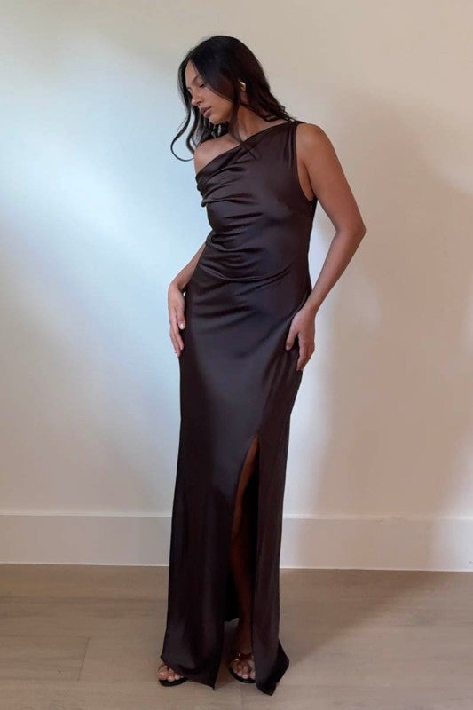 One Shoulder Front Slit Maxi Dress Espresso Brown