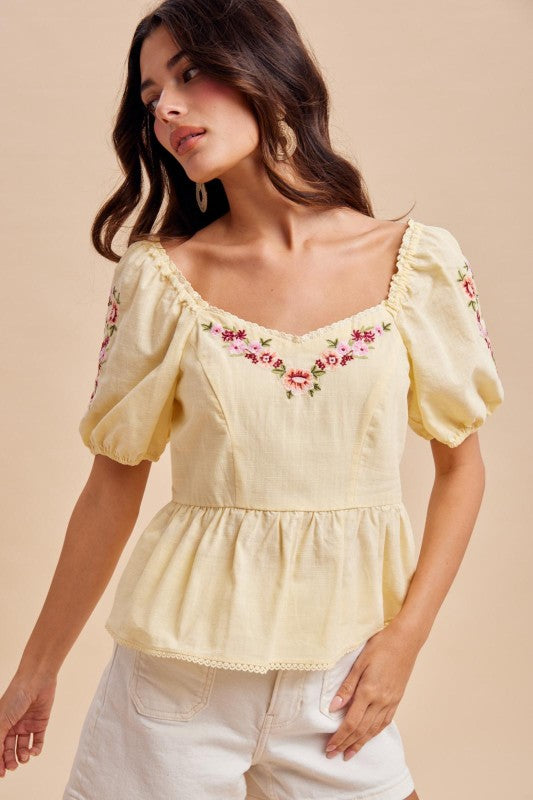 Adriana Cotton Embroidered Sweetheart Yellow Top