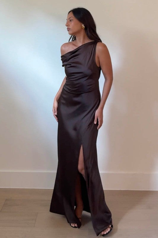 One Shoulder Front Slit Maxi Dress Espresso Brown