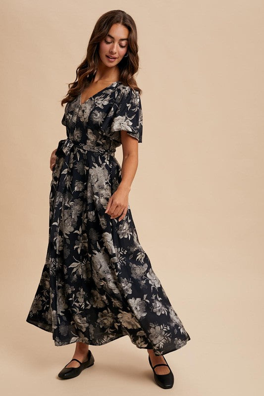 Elegant Floral Flutter Sleeve Maxi Dress