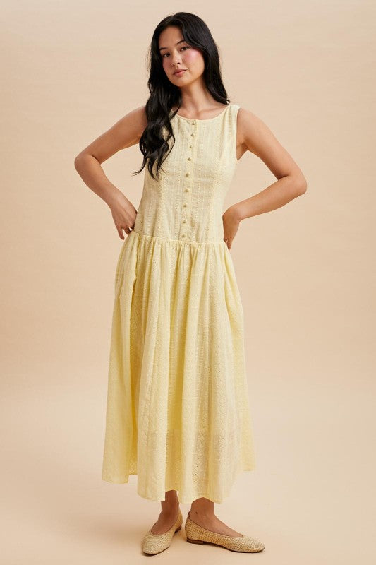 Joy Drop Waist Eyelet Embroidered Butter Yellow Maxi Dress